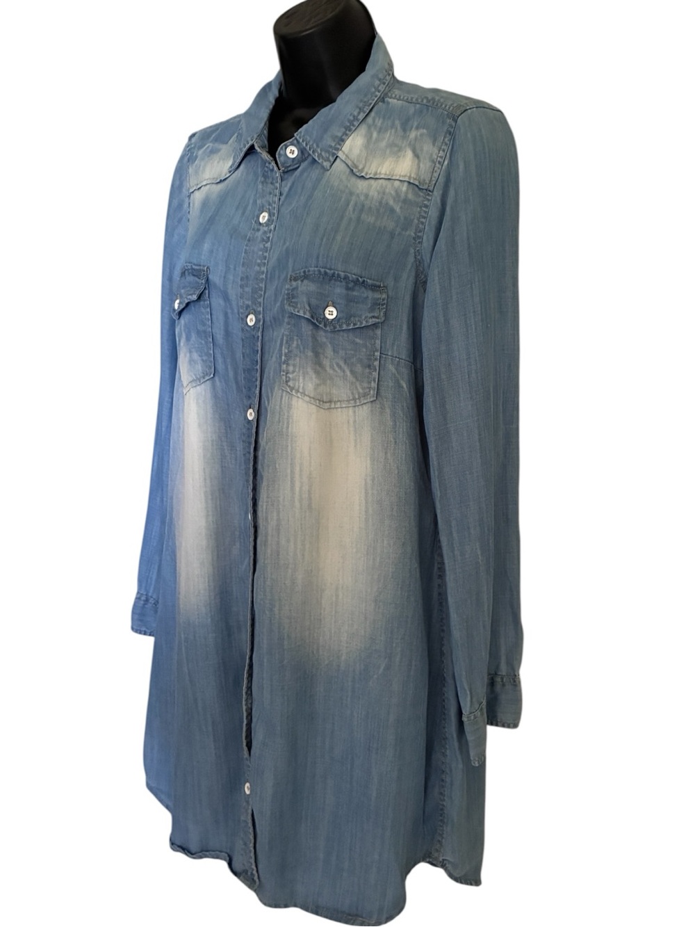 Papillon Indie Light Blue Faded Distressed Denim Chambray Shirt-Dress Sz M - Picture 2 of 8
